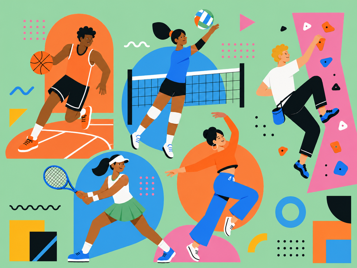 People playing basketball, volleyball, tennis, dancing, and climbing