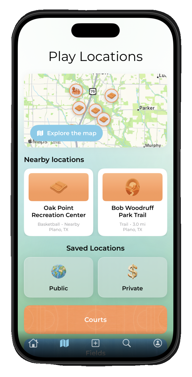 Awnbeat Play Locations map with nearby courts and trails