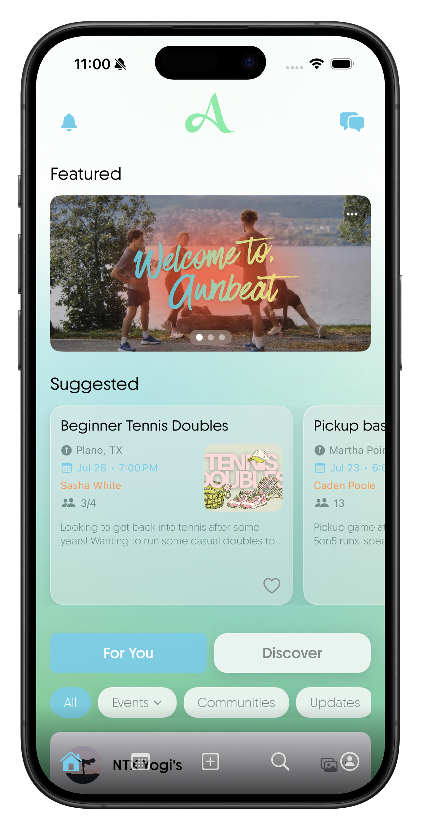 Awnbeat home screen showing featured and suggested fitness activities