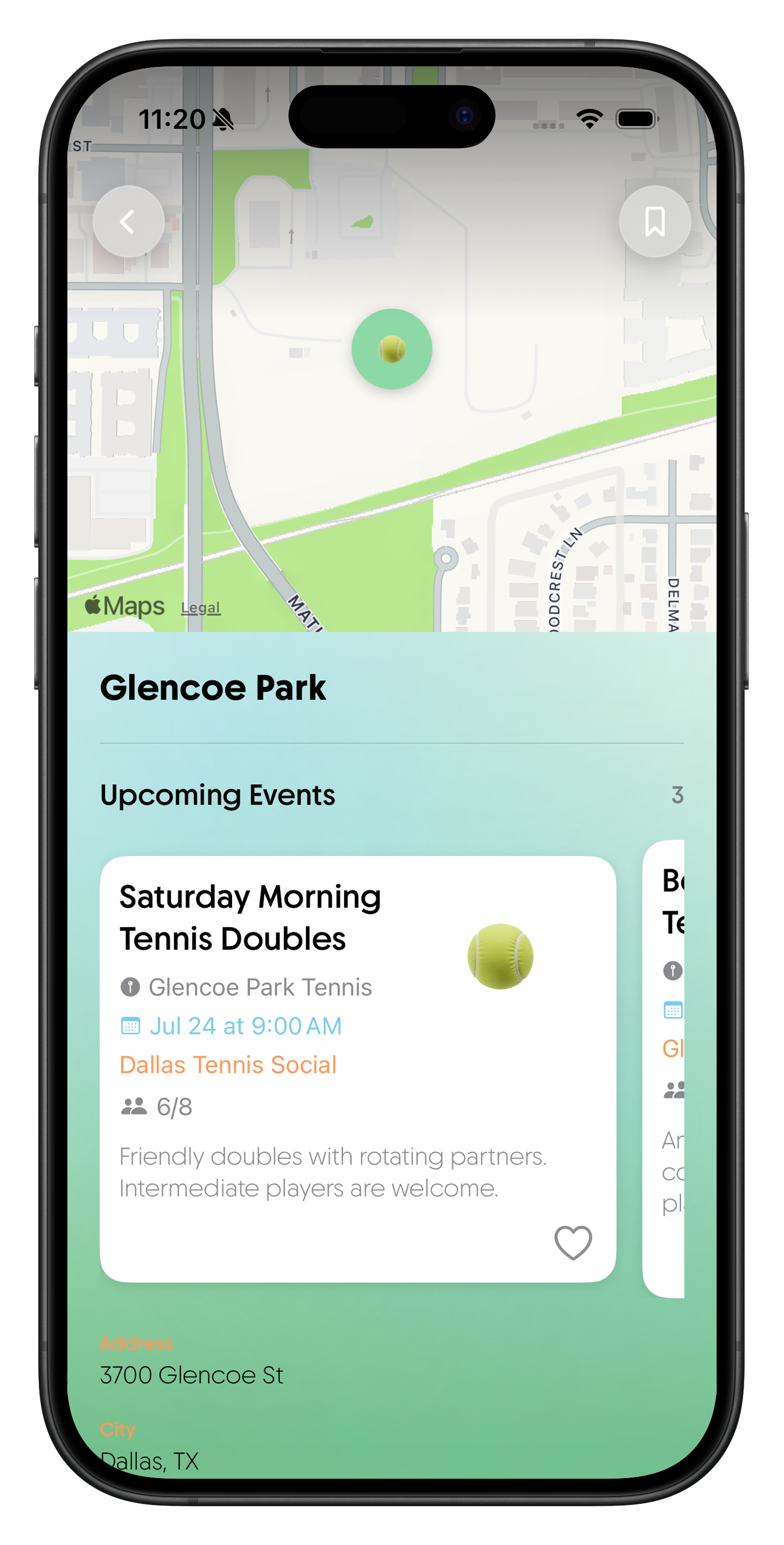 Awnbeat Glencoe Park details screen with upcoming events