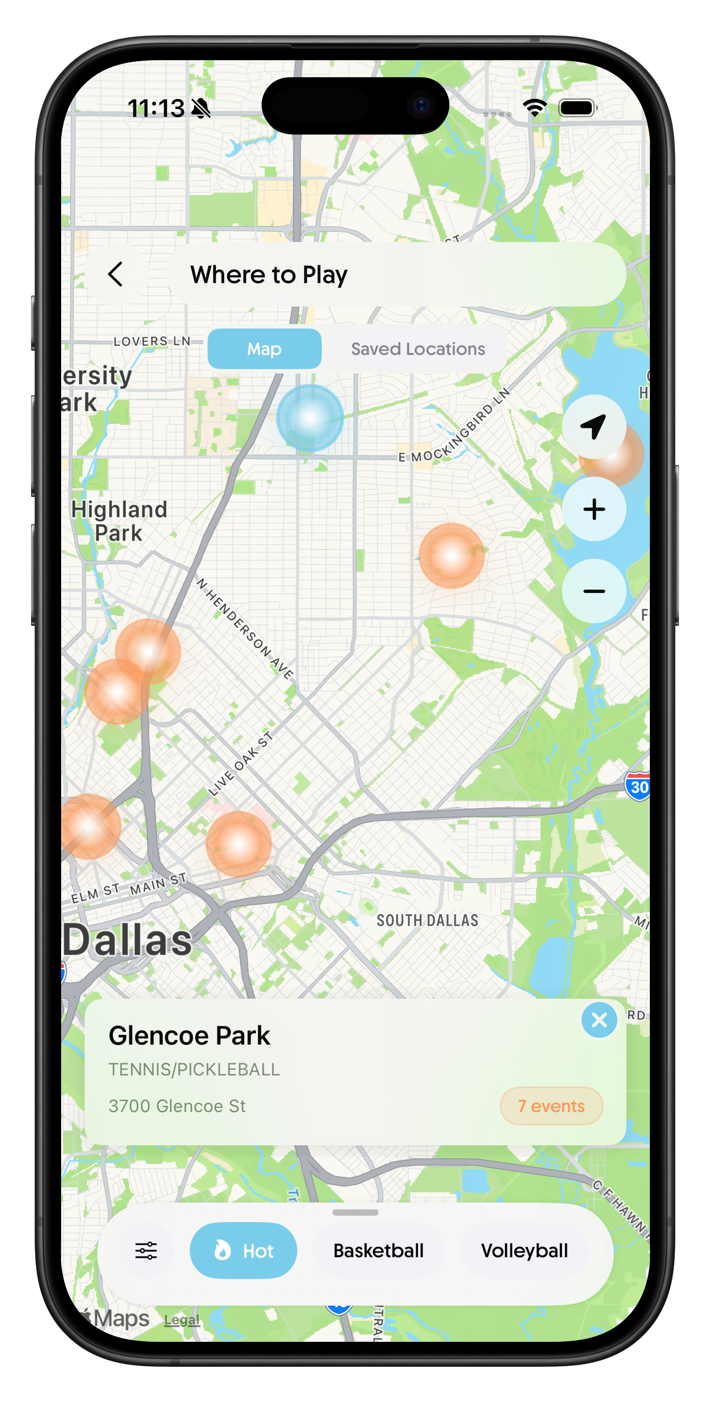 Awnbeat map screen showing places to play nearby