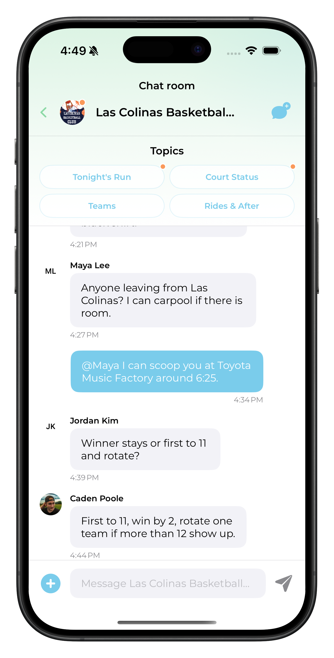 Awnbeat chat room with organized topics and community messages